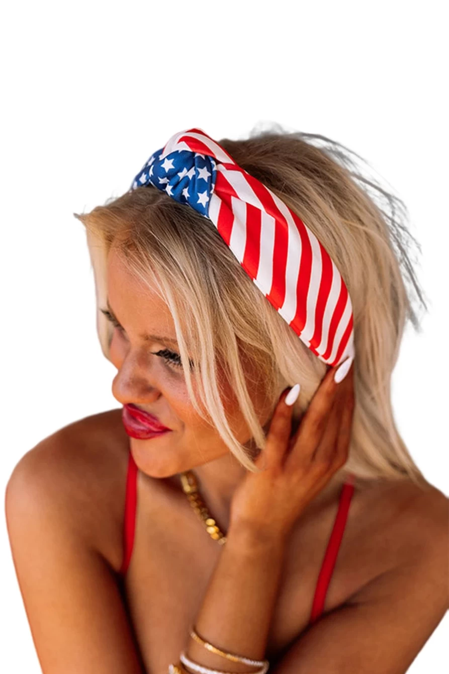 Shewin Women's Multicolor American Flag Bow Knot Wide Headband for Patriotic Style
