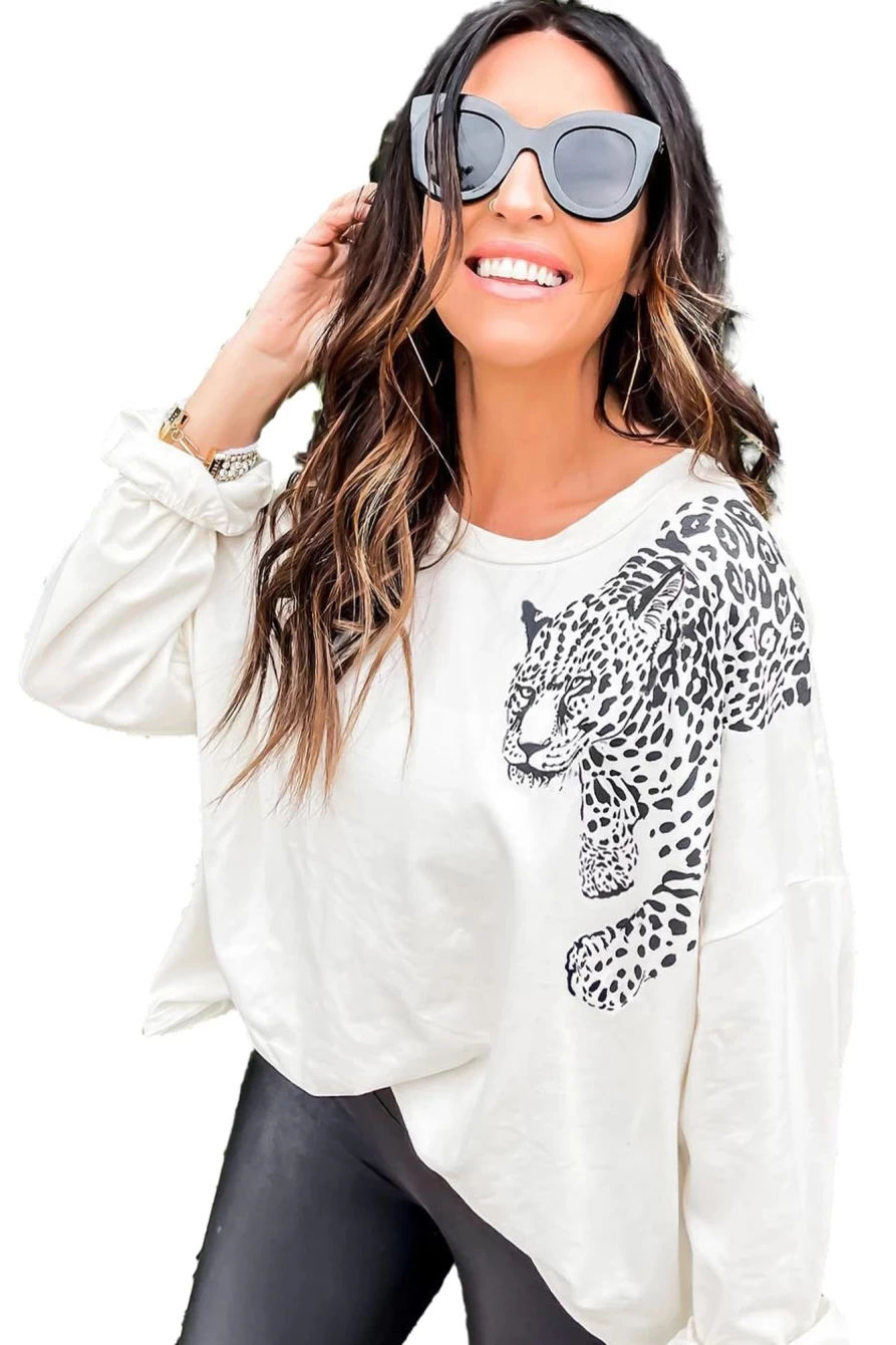 Shewin Women's Beige Cheetah Print Loose Fit Long Sleeve Top