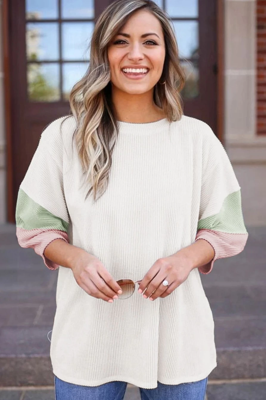 Shewin Women's White Pit-Striped Colorblock Drop Sleeve Top