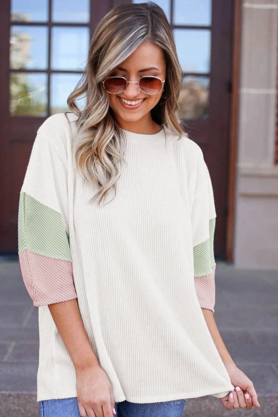 Shewin Women's White Pit-Striped Colorblock Drop Sleeve Top