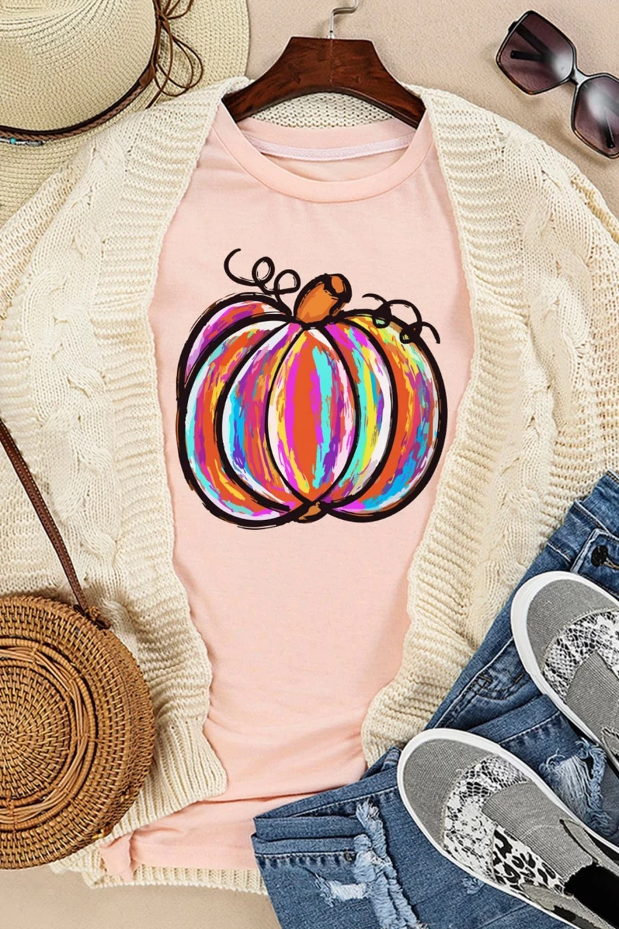 Shewin Women's Pink Pumpkin Print Casual T-Shirt - Fun Graphic Tee