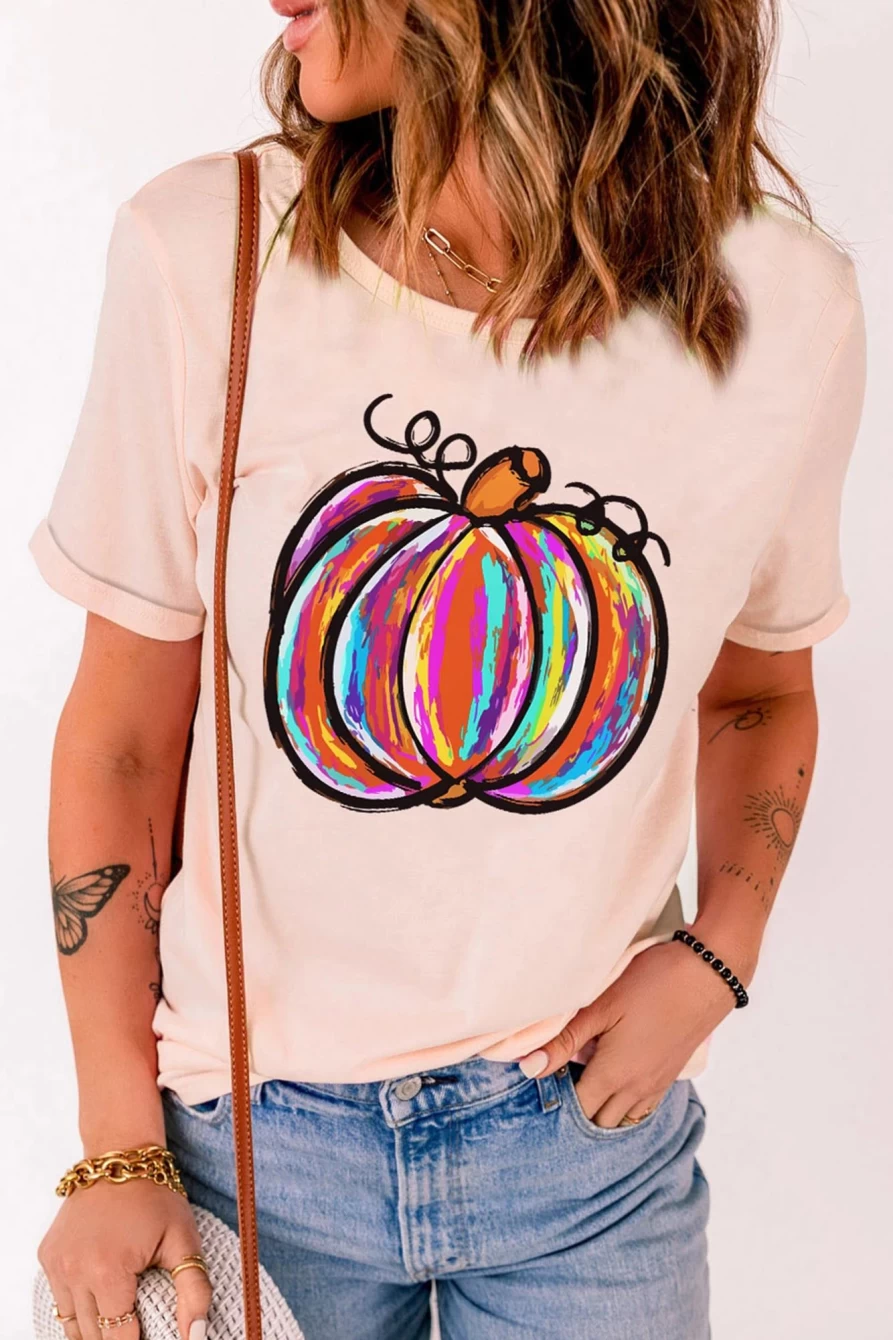Shewin Women's Pink Pumpkin Print Casual T-Shirt - Fun Graphic Tee