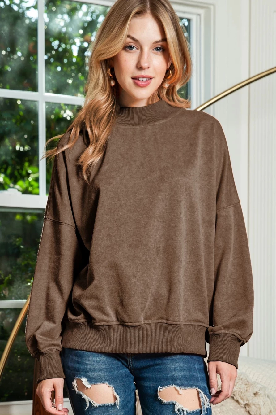 Women's Brown Plain Drop Shoulder Crew Neck Pullover Sweatshirt | Shewin Casual Comfort Fit