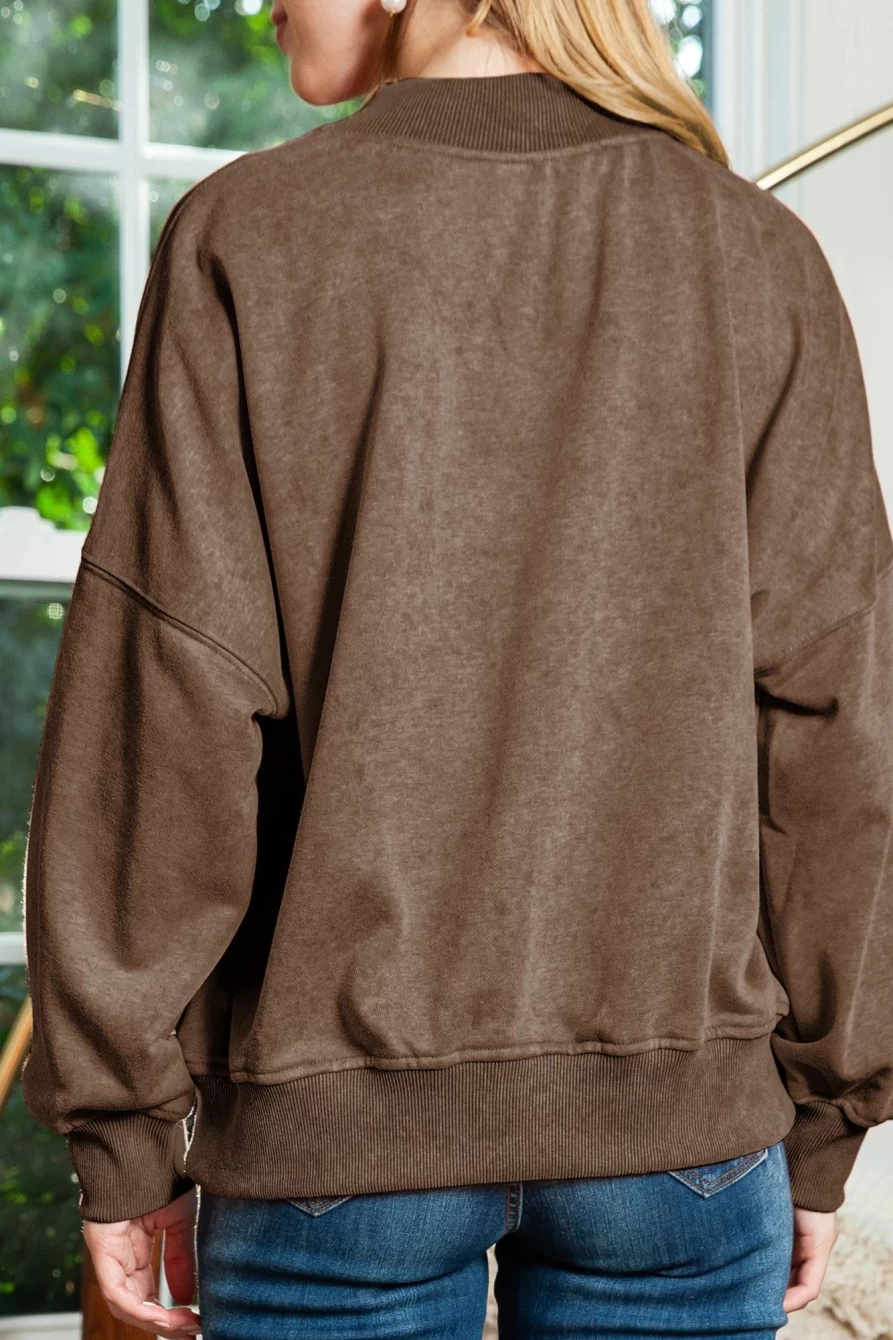 Women's Brown Plain Drop Shoulder Crew Neck Pullover Sweatshirt | Shewin Casual Comfort Fit