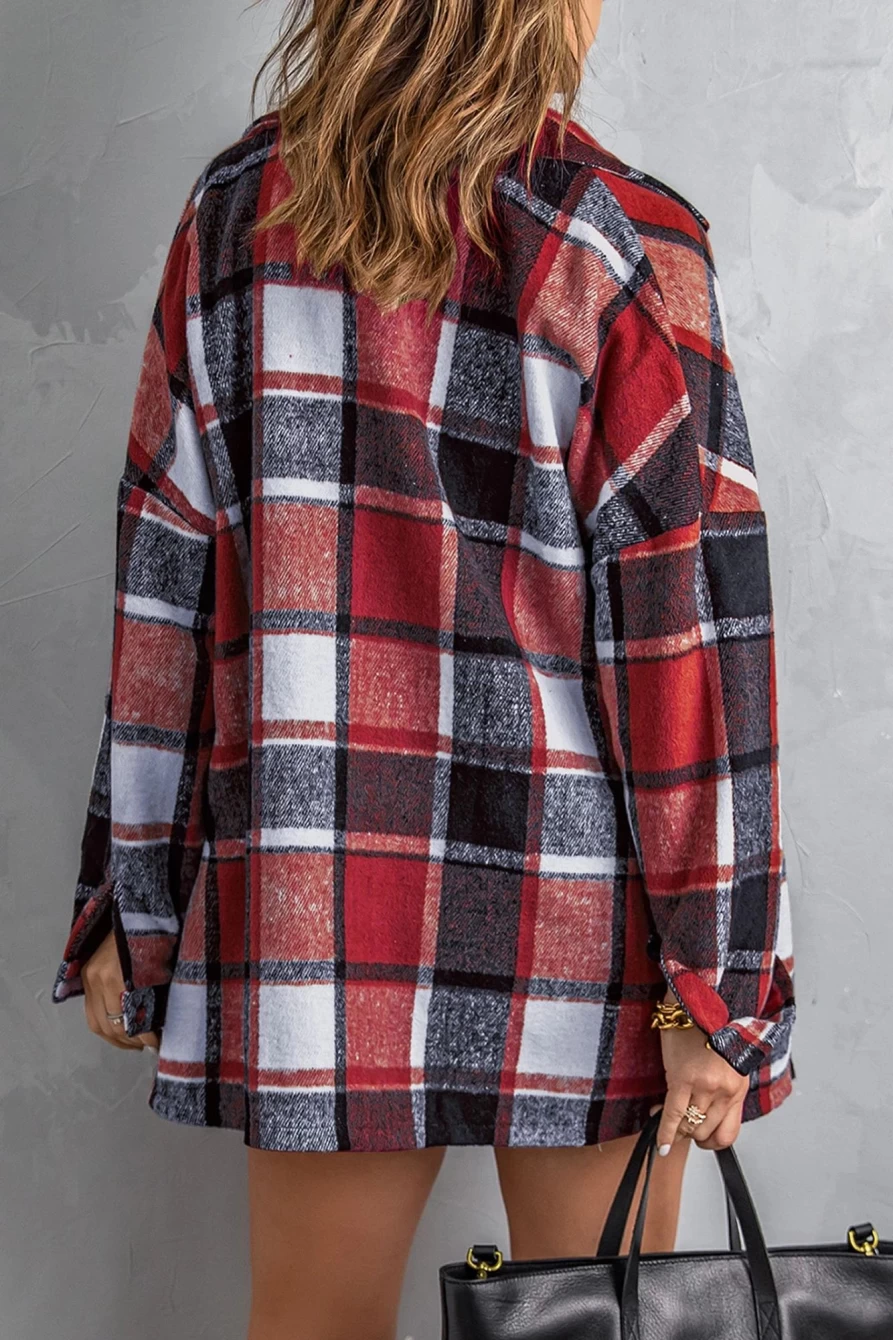 Women's Red Plaid Flannel Shacket by Shewin - Button-Up Overshirt for Stylish Layering
