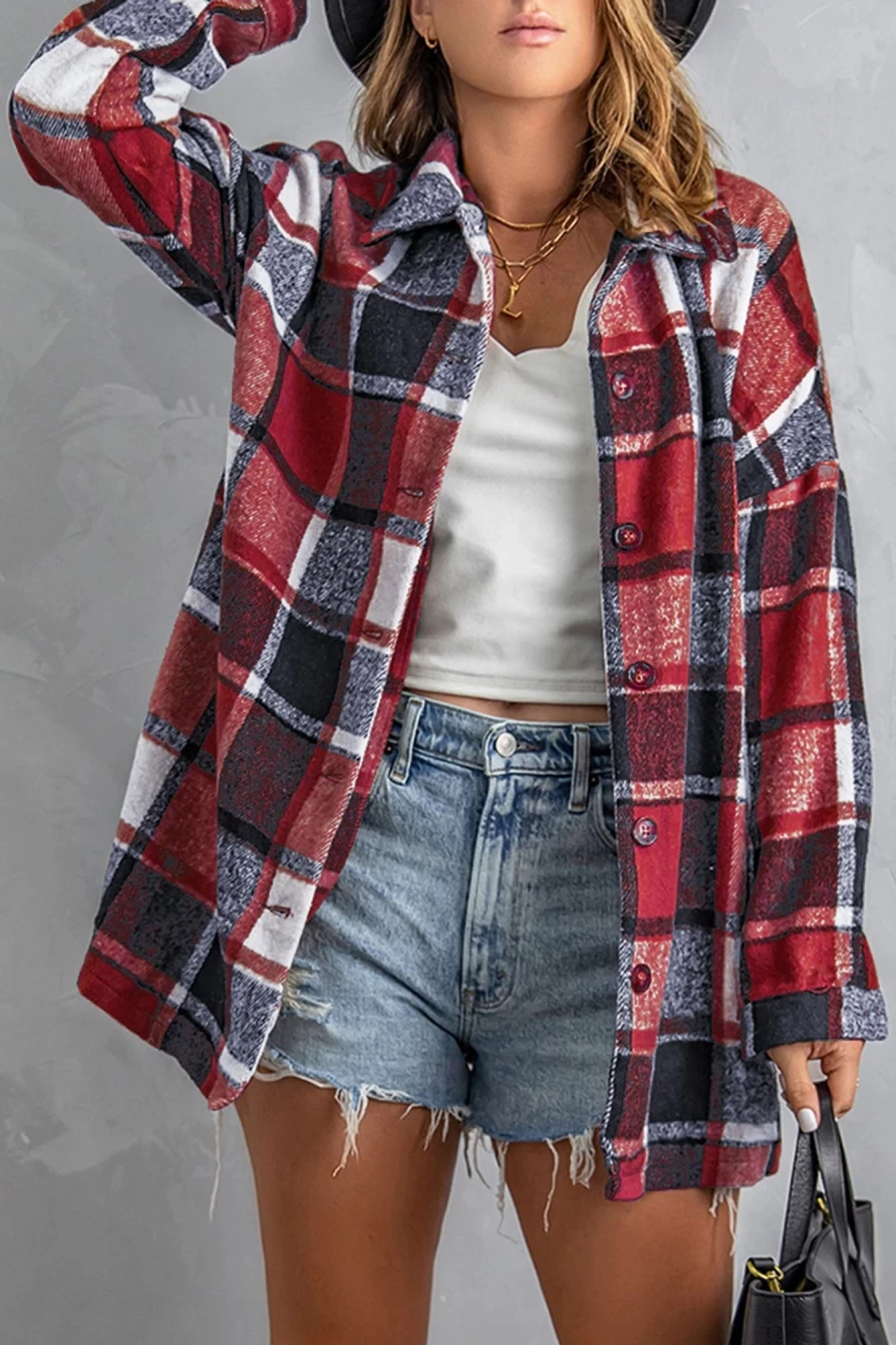 Women's Red Plaid Flannel Shacket by Shewin - Button-Up Overshirt for Stylish Layering