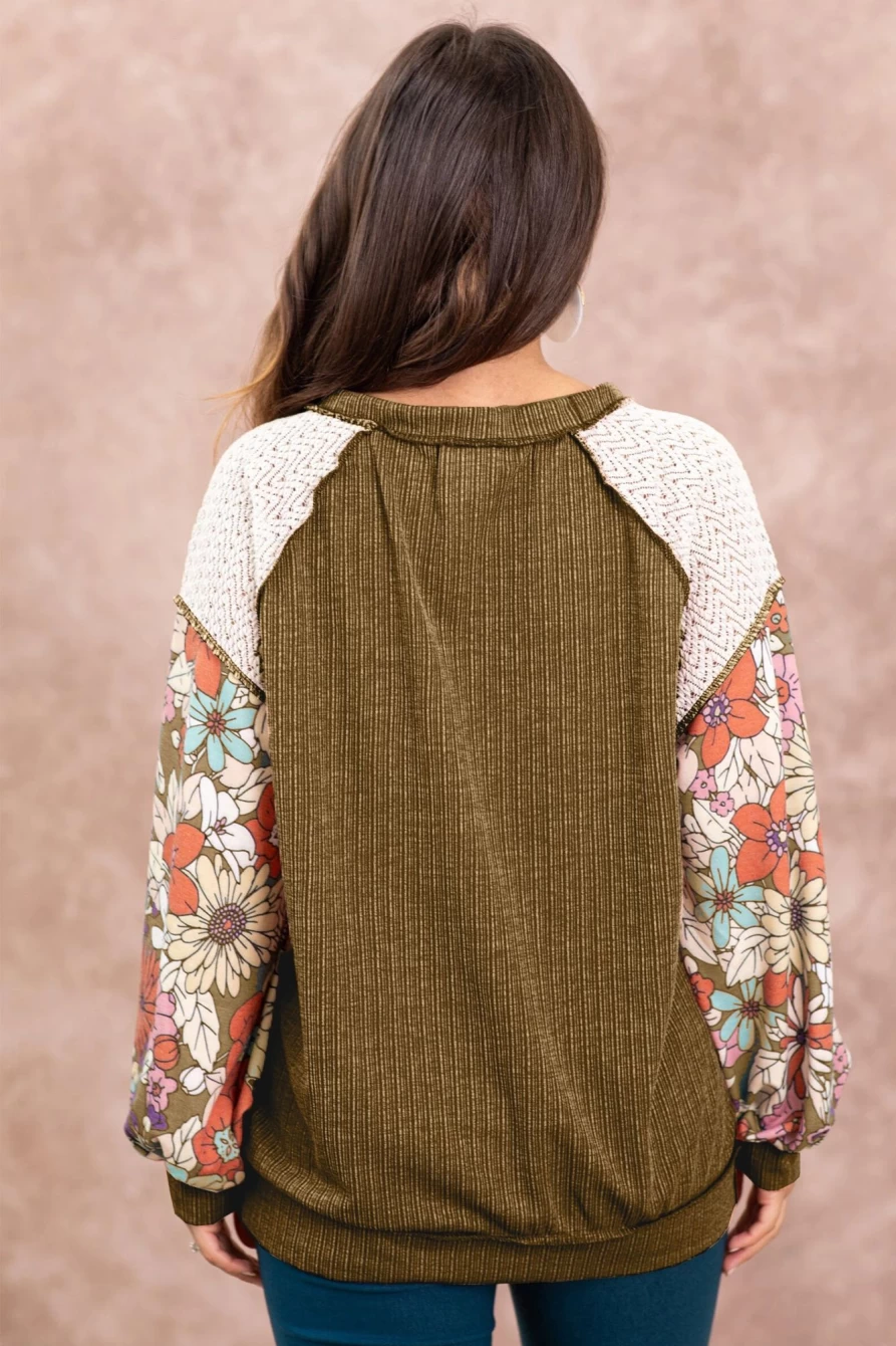 Shewin Women's Brown Floral Patchwork Puff Sleeve Exposed Seam Blouse