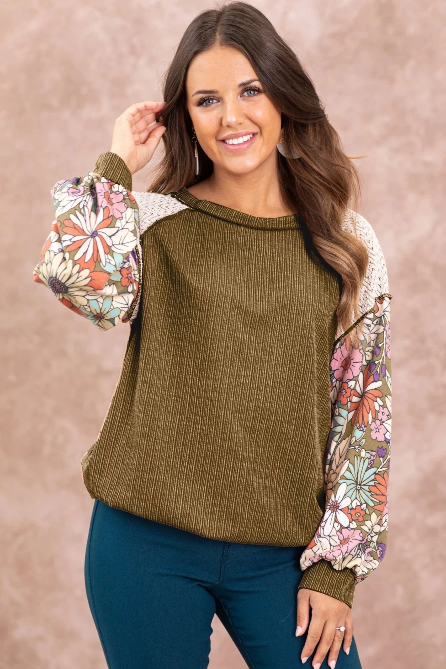 Shewin Women's Brown Floral Patchwork Puff Sleeve Exposed Seam Blouse