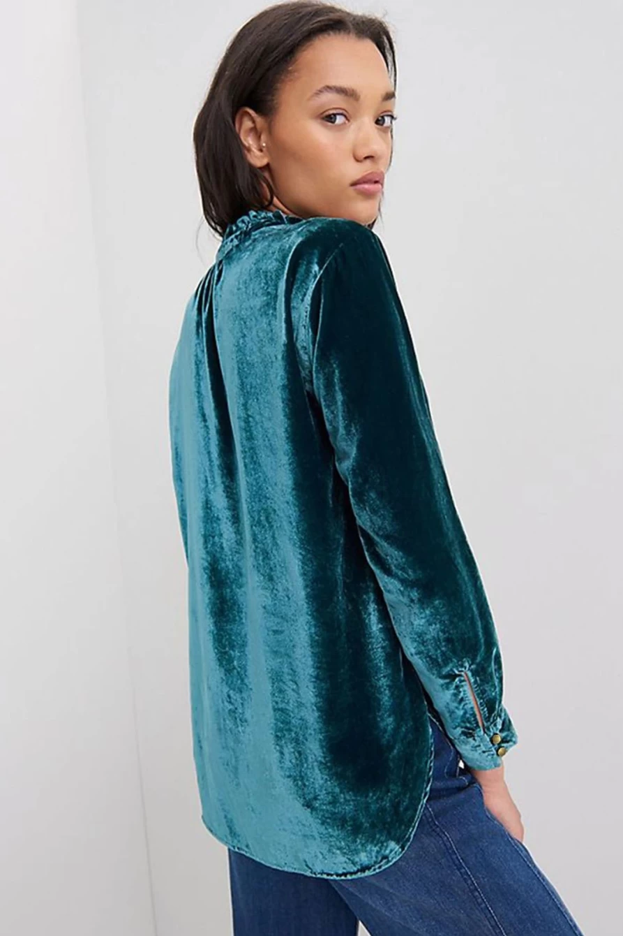Shewin Women's Green Velvet Top with Frilled Neck and Buttoned Front