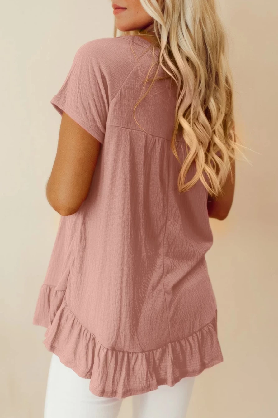 Shewin Women's Pink Crinkled Short Sleeve Blouse with Ruffle Hem Solid Color Top