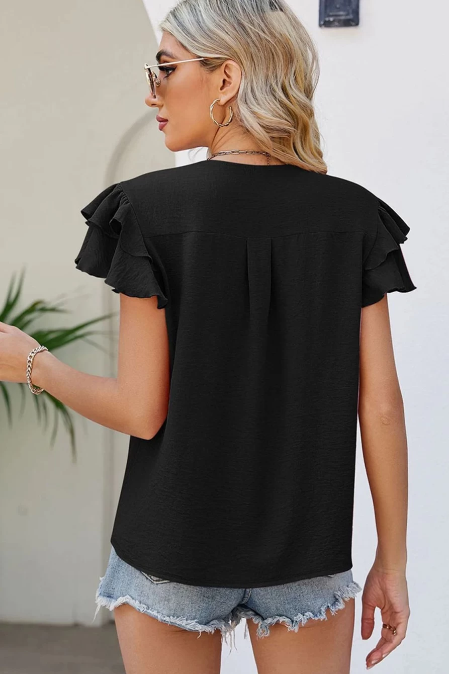 Shewin Women's Black V-Neck Ruffle Short Sleeve Solid Color Blouse
