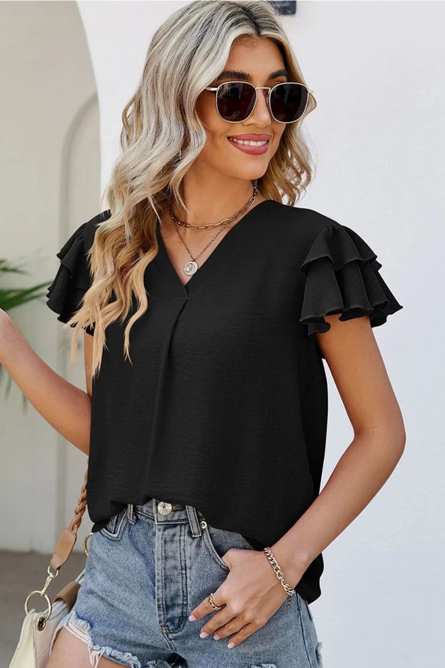 Shewin Women's Black V-Neck Ruffle Short Sleeve Solid Color Blouse