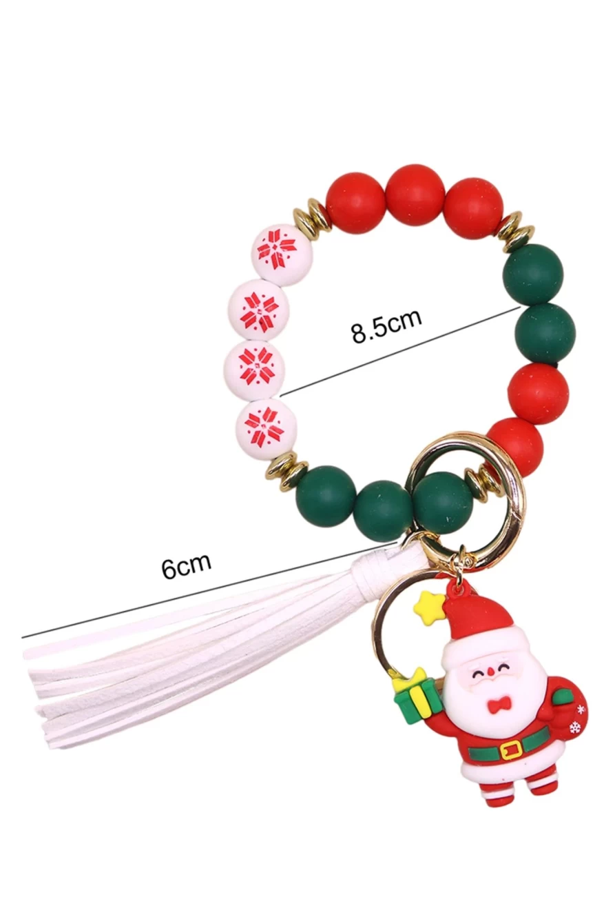 Shewin Women's Fiery Red Santa Christmas Bracelet Keyring - Silicone Bead Tassel Holiday Gift