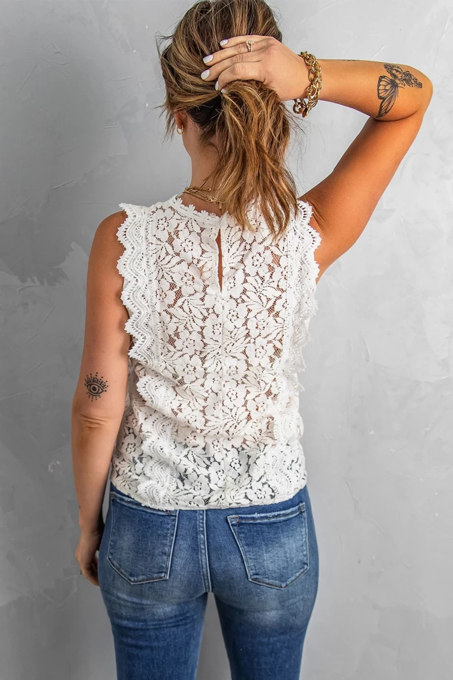 Shewin Women's White V-Neck Sleeveless Lace Summer Top
