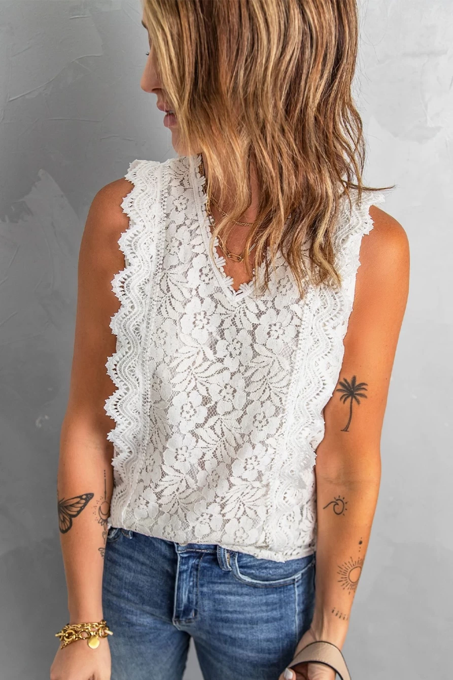 Shewin Women's White V-Neck Sleeveless Lace Summer Top
