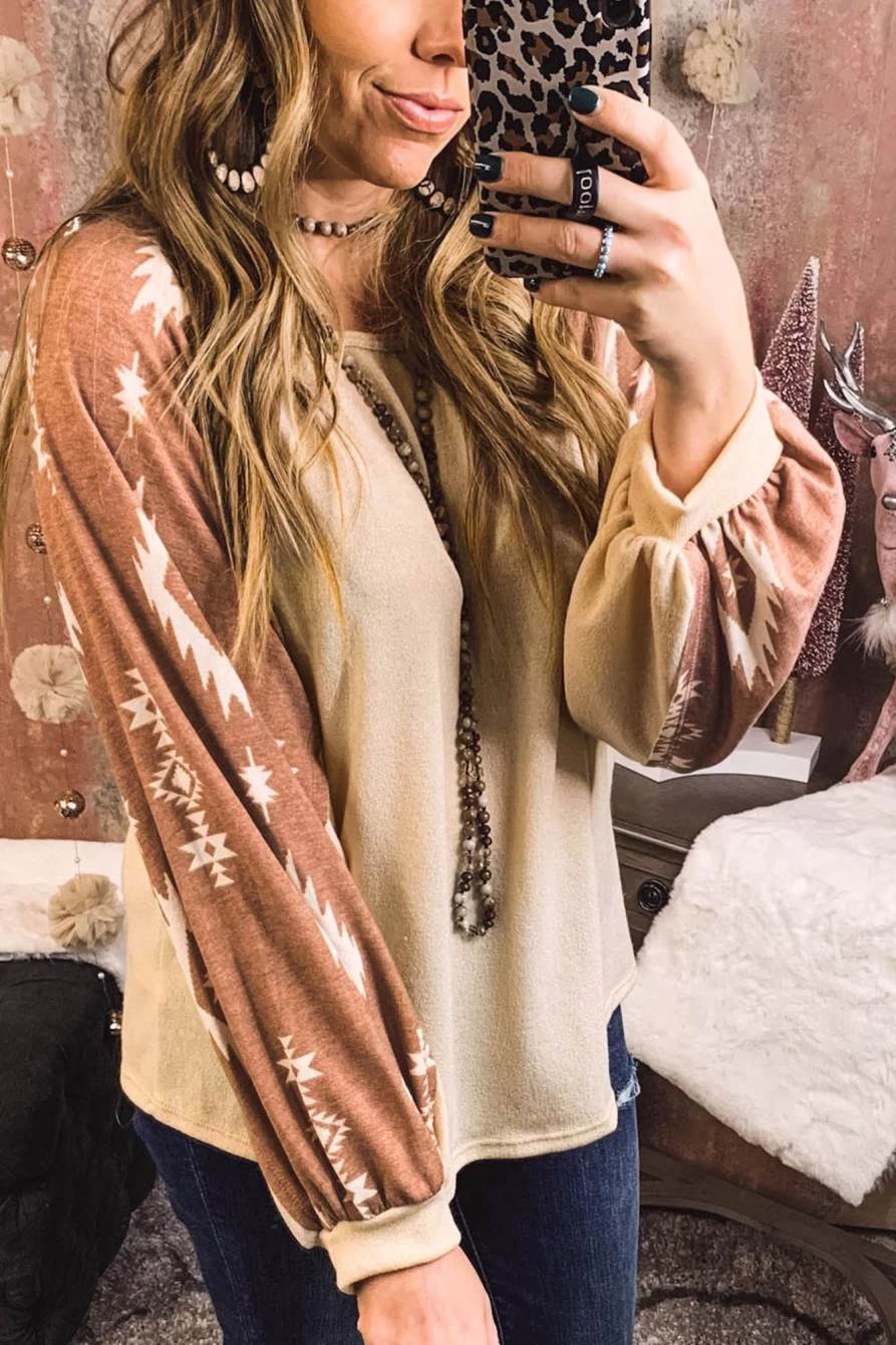 Shewin Women's Apricot Ethnic Print Casual Long Sleeve Patch Top