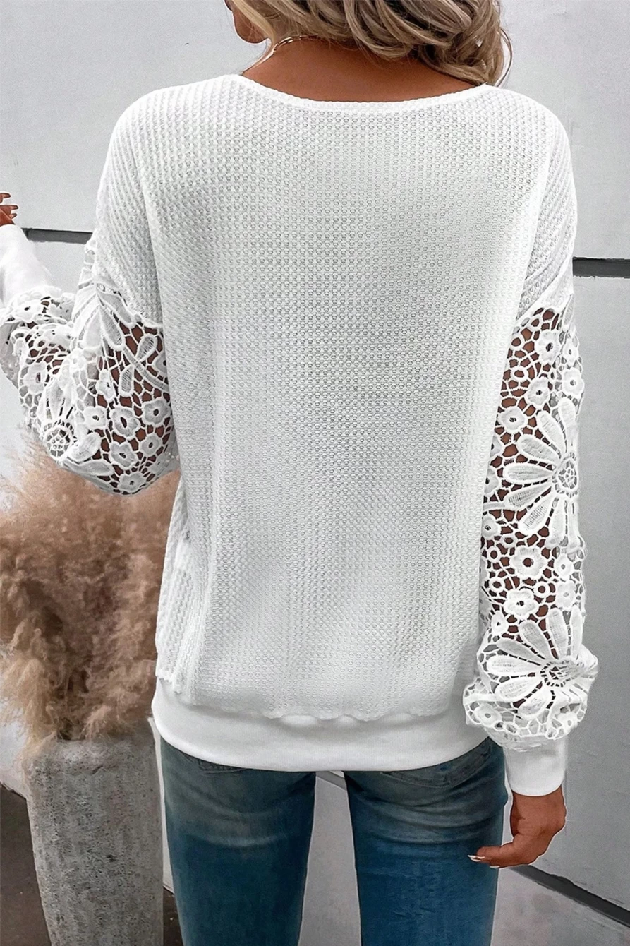 Shewin Women's White Lace V-Neck Drop Sleeve Blouse