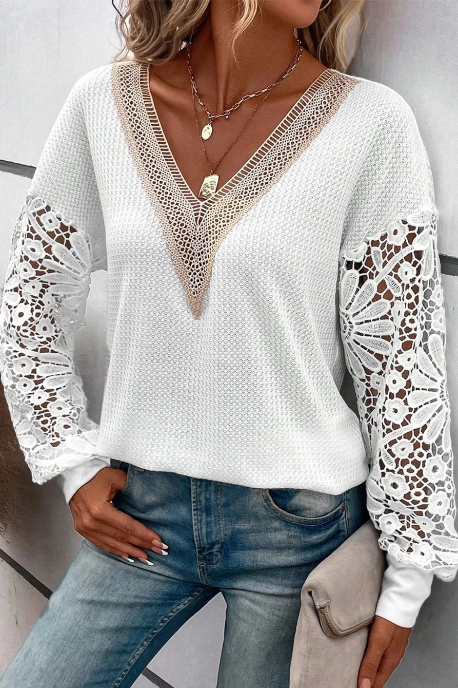 Shewin Women's White Lace V-Neck Drop Sleeve Blouse