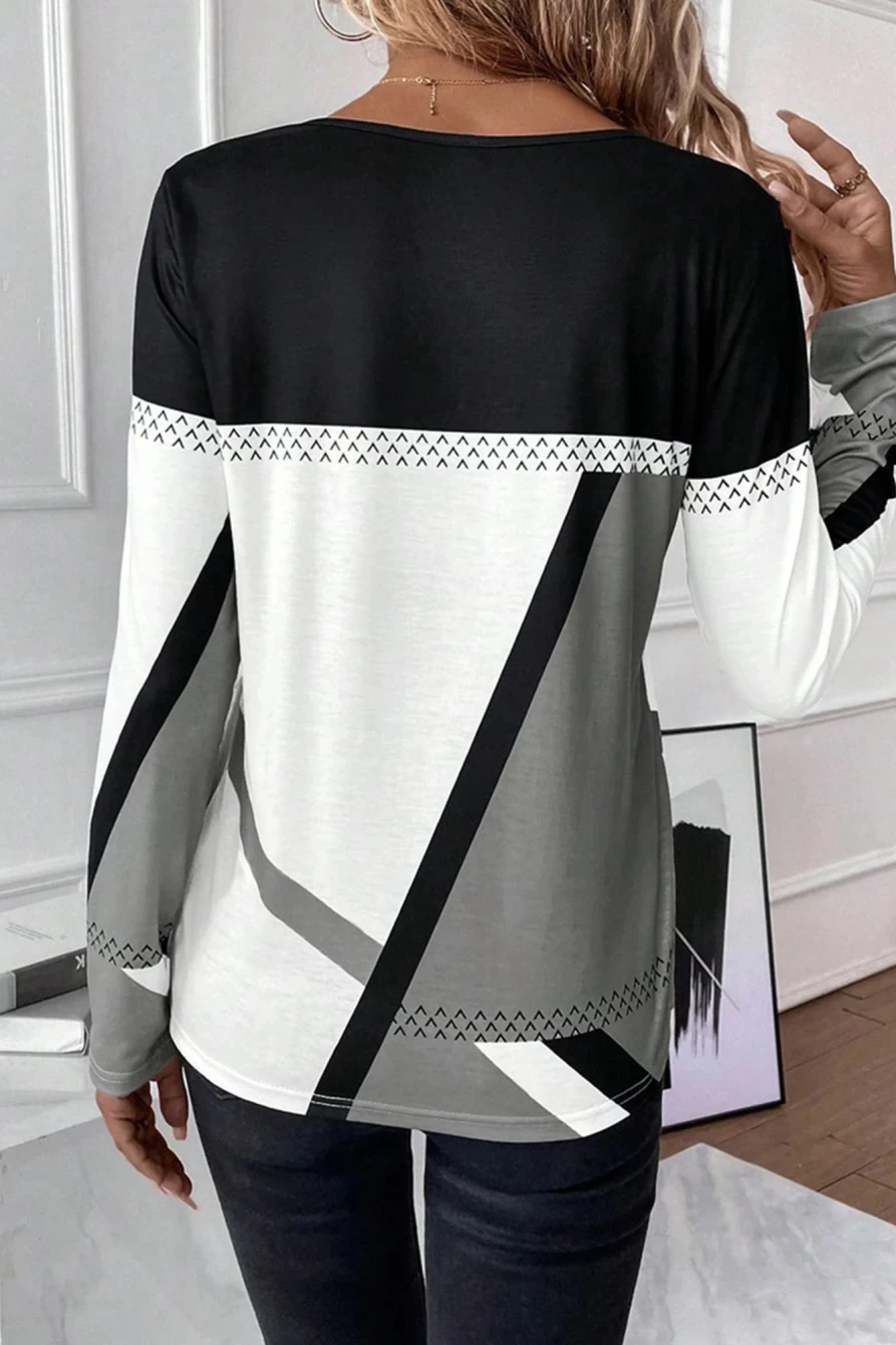 Shewin Women's Medium Grey Geometric Color Block Crew Neck T-Shirt