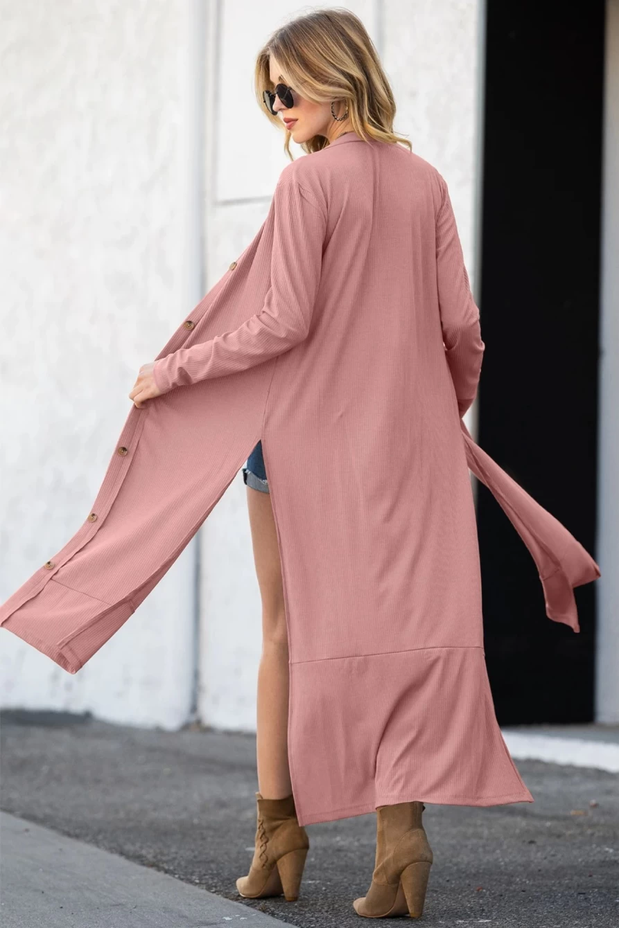 Shewin Women's Pink Ribbed Button-Up Cardigan with Side Split Duster Design