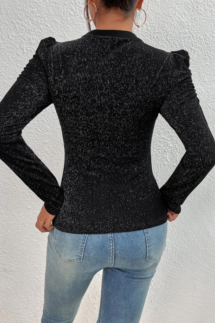Shewin Women's Black Metallic Crew Neck Knit Top with Gigot Sleeves