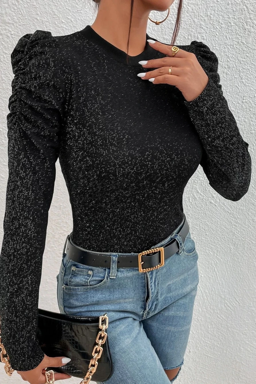 Shewin Women's Black Metallic Crew Neck Knit Top with Gigot Sleeves