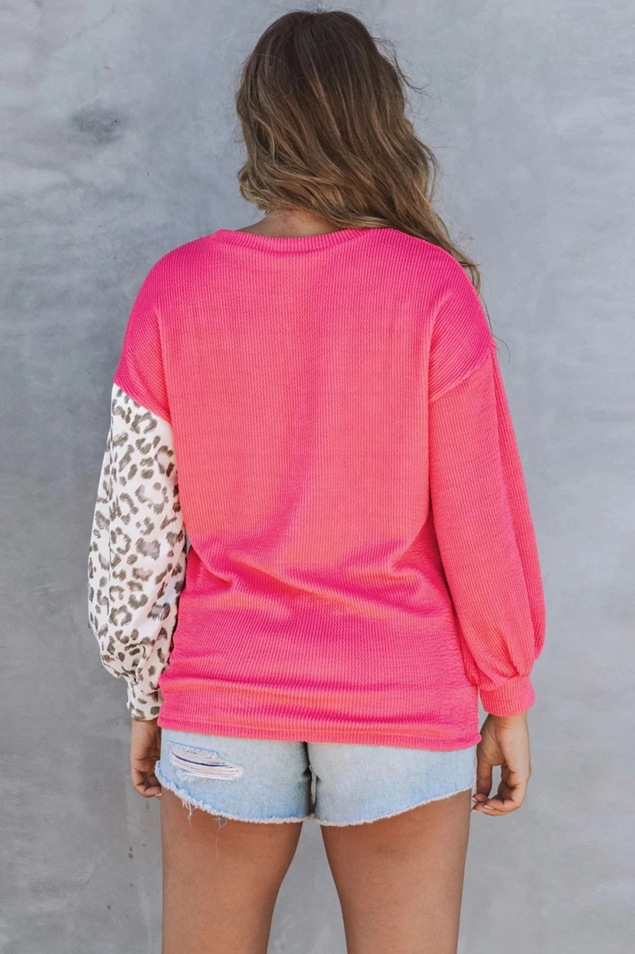 Shewin Women's Rose Ribbed Long Sleeve Top - Leopard Patchwork Color Block Design
