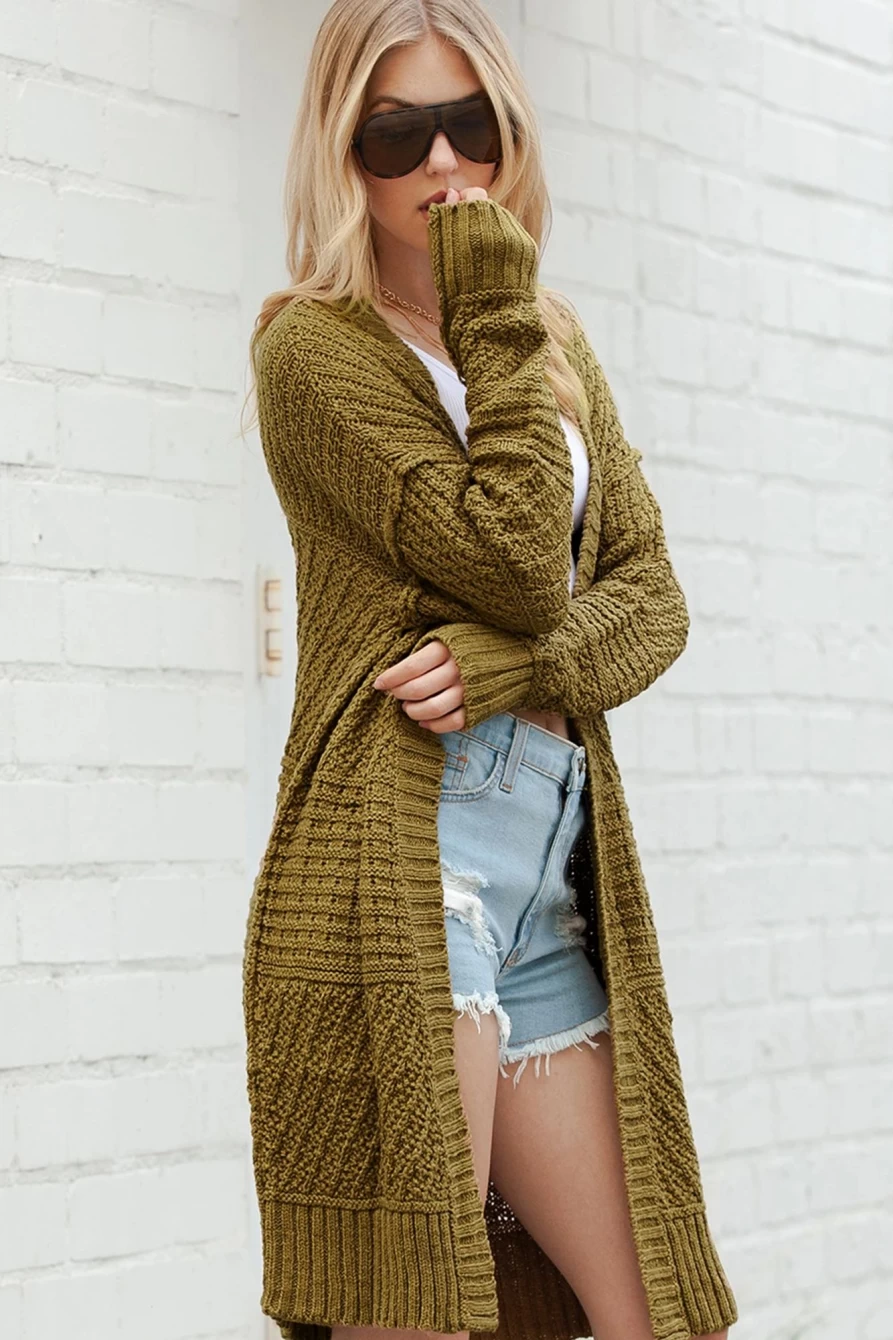 Women's Green Casual Long Knit Cardigan Open Front Sweater - Shewin