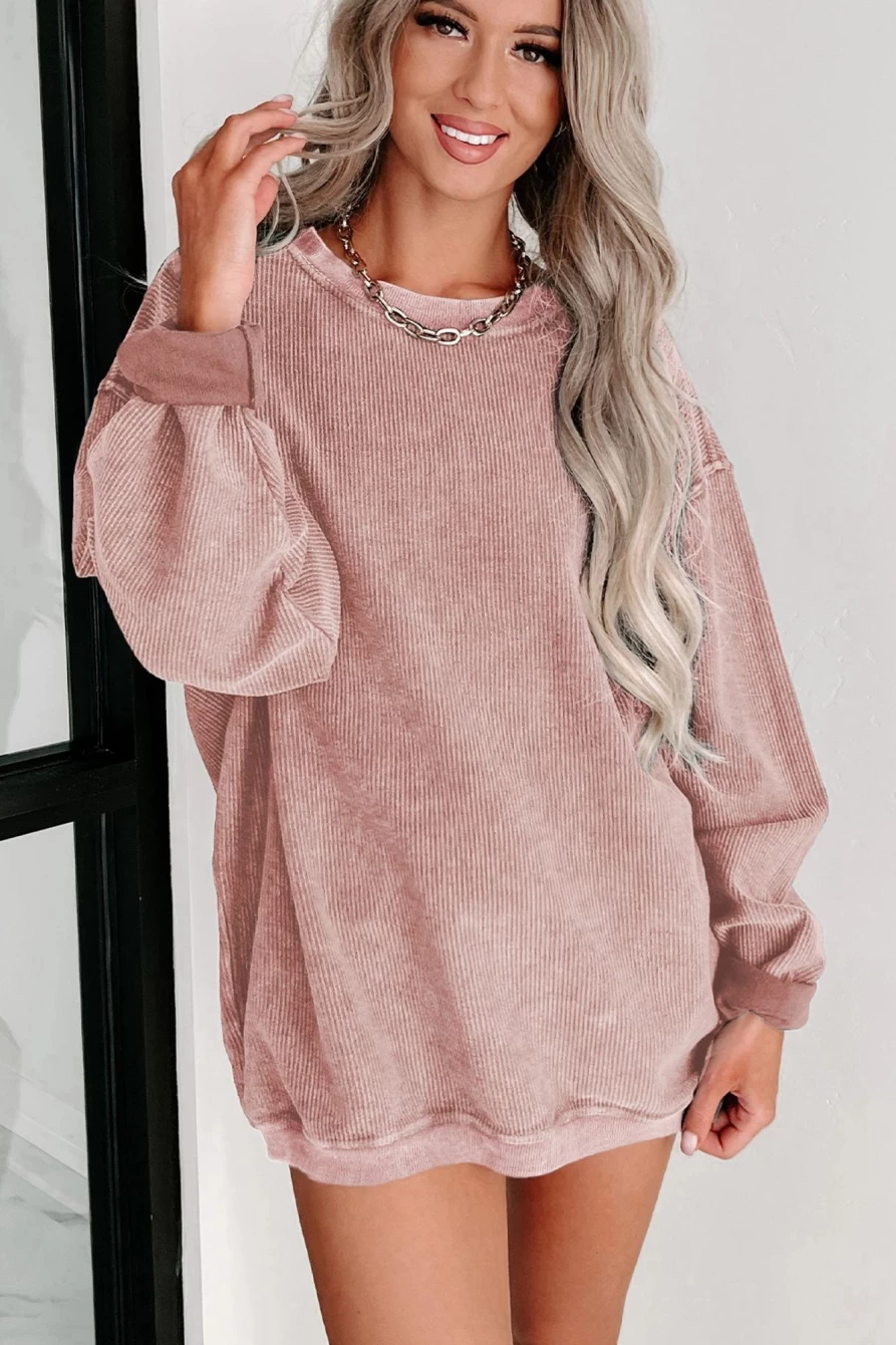 Shewin Women's Pink Solid Ribbed Round Neck Pullover Sweatshirt - Soft Casual Knit Top