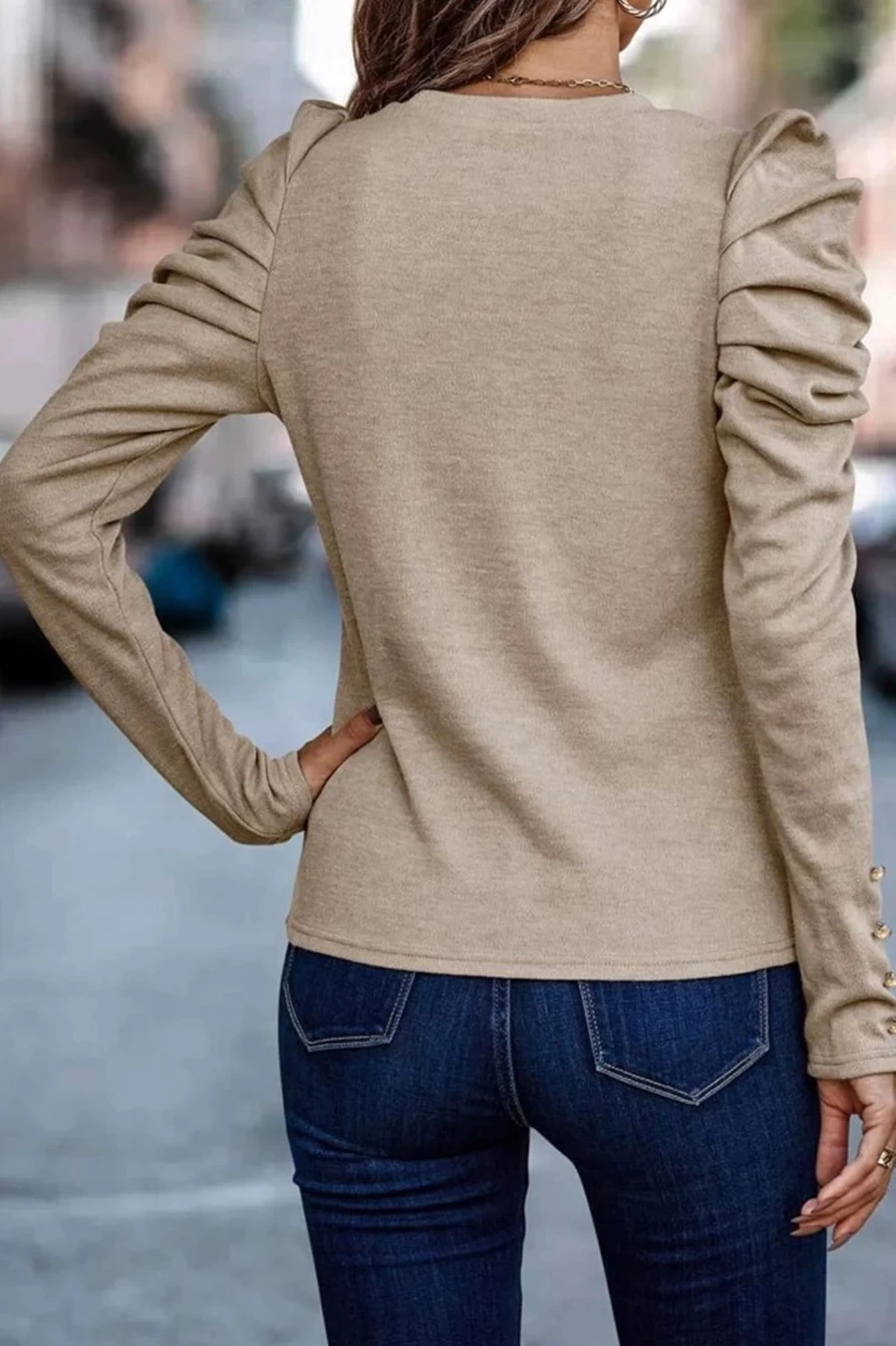 Shewin Women's Khaki Basic Buttoned Puff Long Sleeve Sheath Top