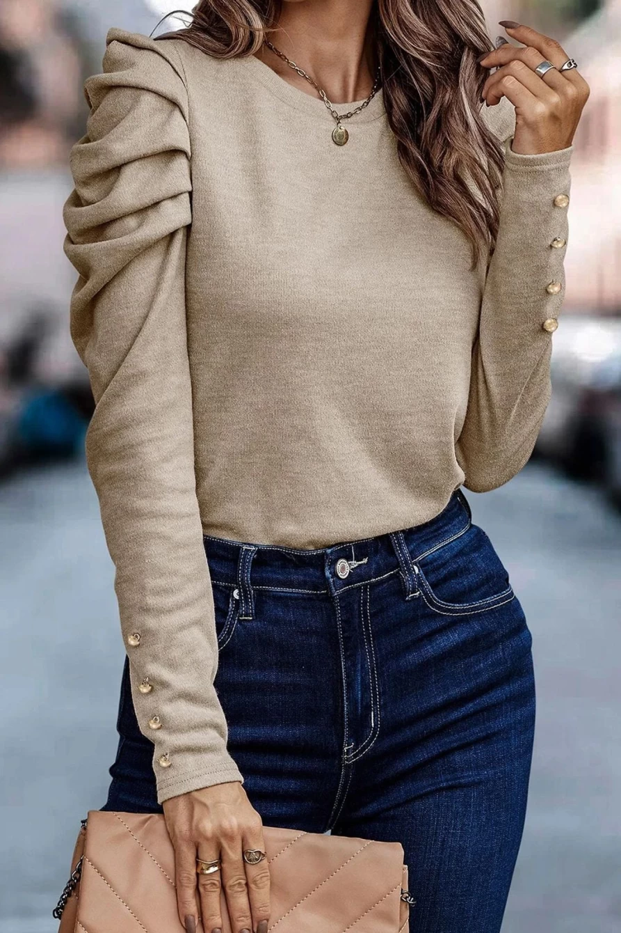 Shewin Women's Khaki Basic Buttoned Puff Long Sleeve Sheath Top