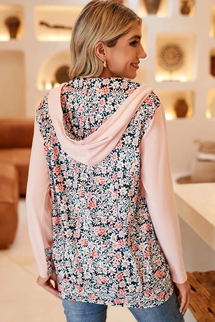 Women's Pink Casual Daisy Print Half Zip Hoodie | Shewin Colorblock Pullover