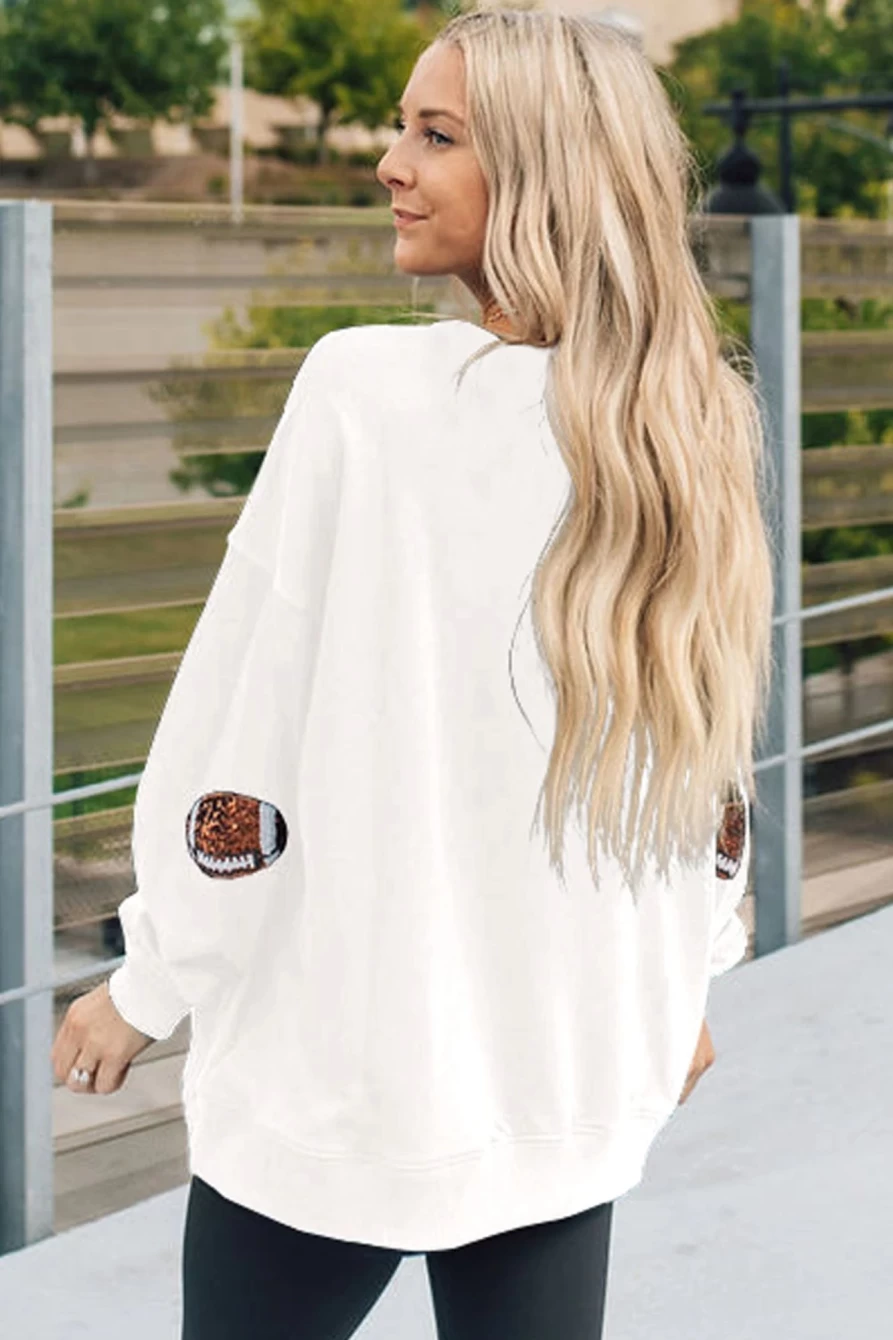 Women's White Sequin Rugby Graphic Pullover Sweatshirt | Shewin Fashion Top