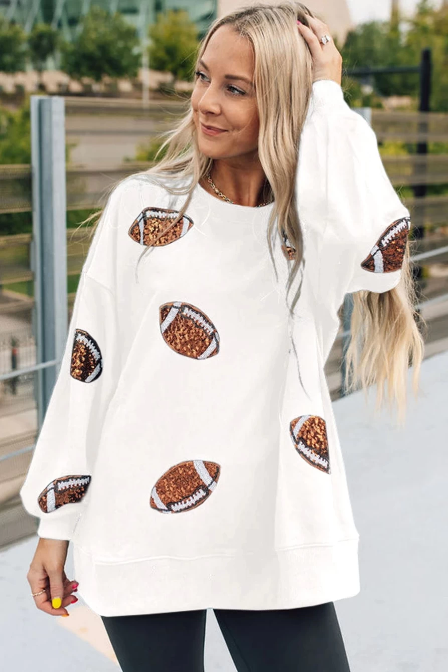 Women's White Sequin Rugby Graphic Pullover Sweatshirt | Shewin Fashion Top