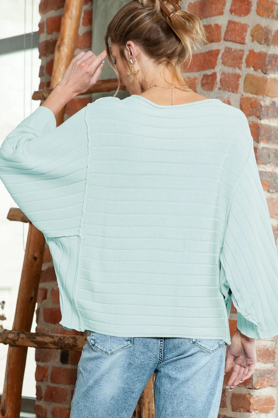 Women's Green Ribbed Knit Dolman Sleeve Sweater - Shewin