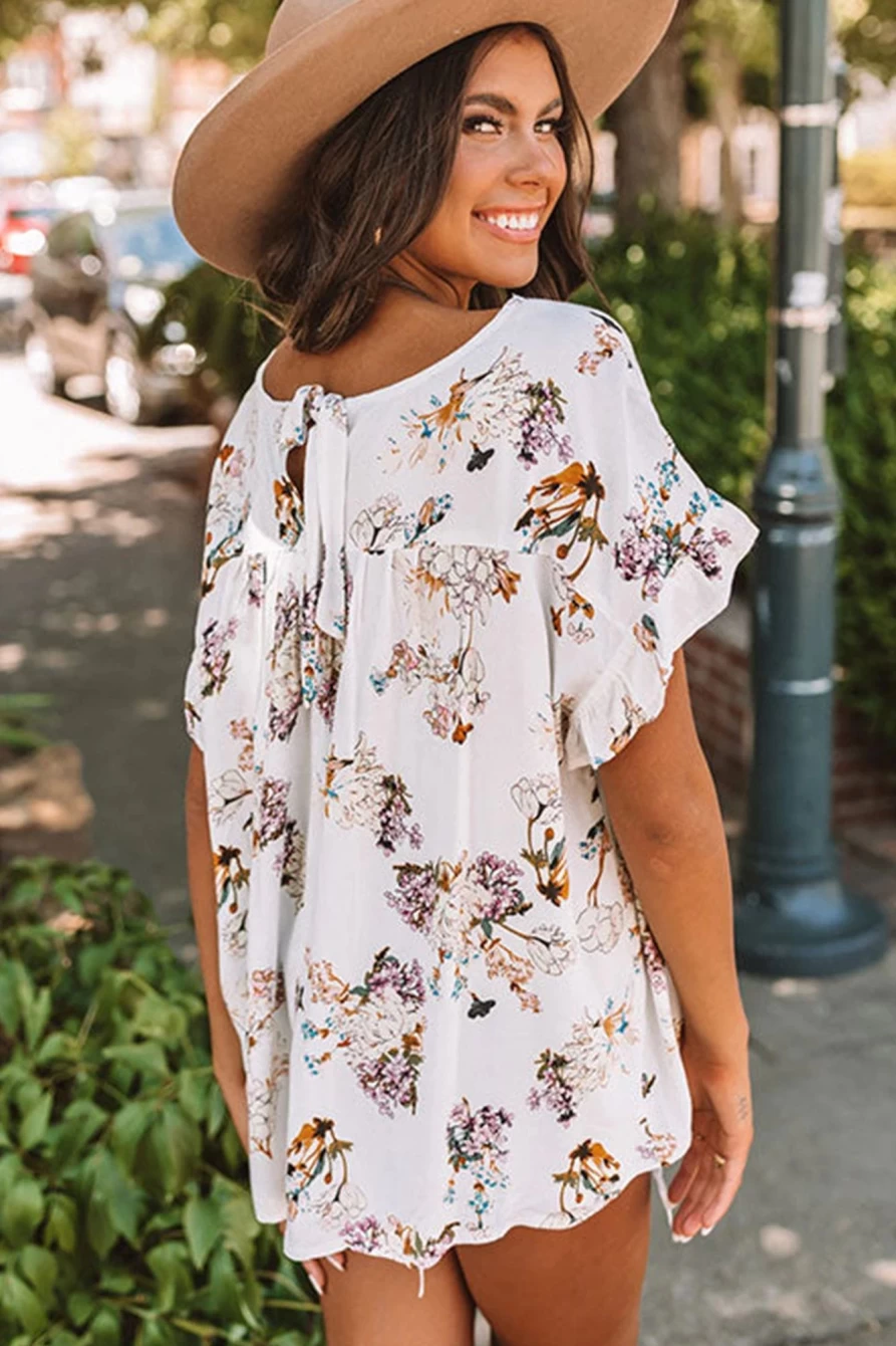 Shewin Women's White Floral Ruffled Knot Detail Short Sleeve Blouse Top