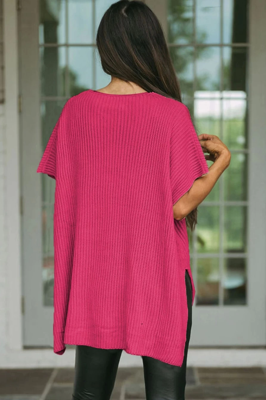 "Shewin Women's Rose Red Oversized Sweater with Side Slit & Short Sleeves"