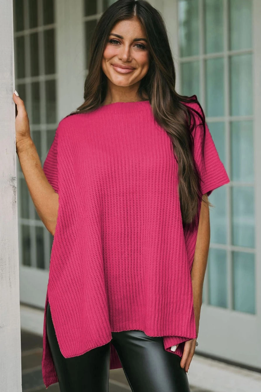 "Shewin Women's Rose Red Oversized Sweater with Side Slit & Short Sleeves"