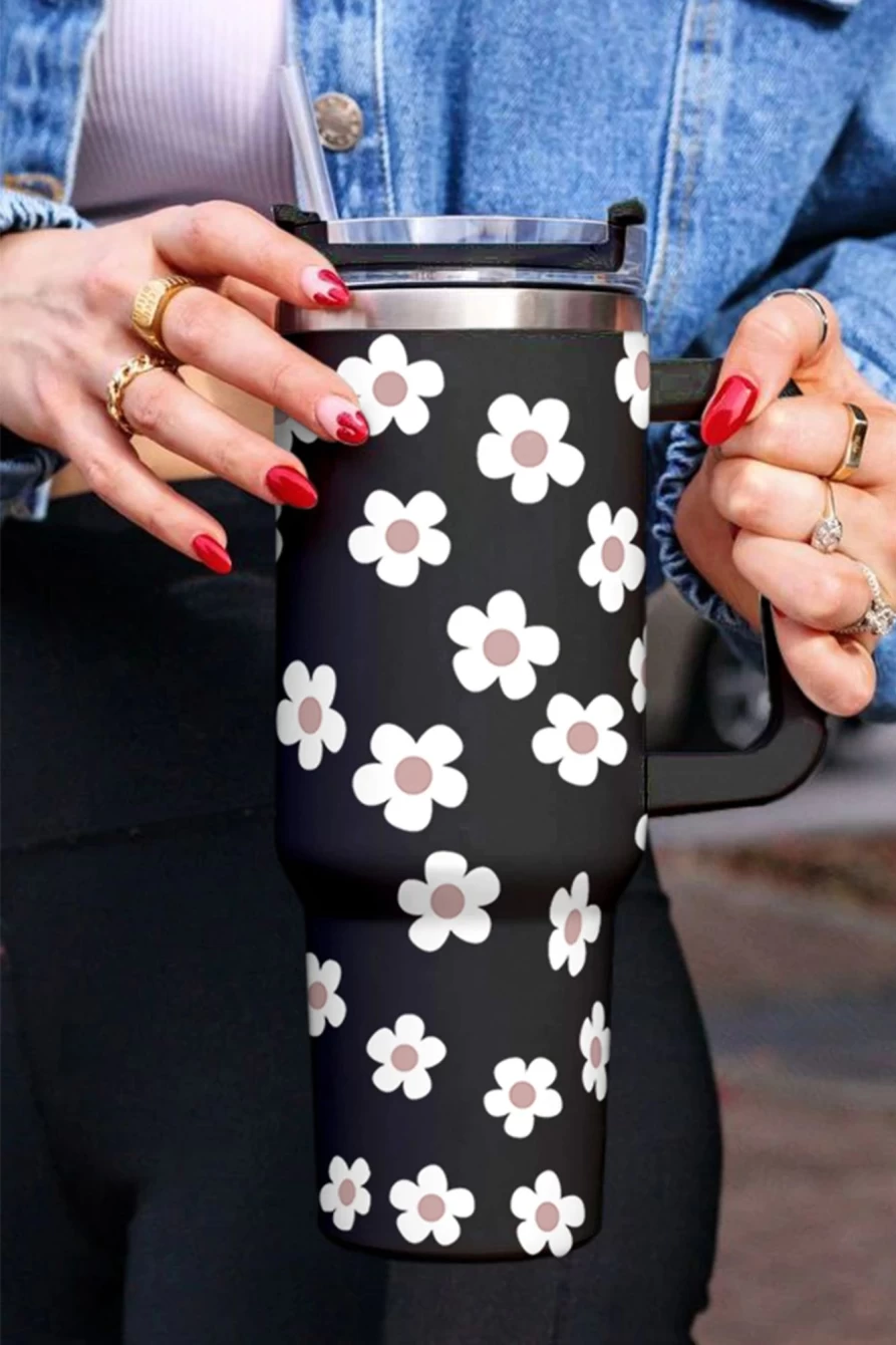 Shewin Black Stainless Steel Tumbler with Lid and Straw for Women - Elegant Floret Print Design