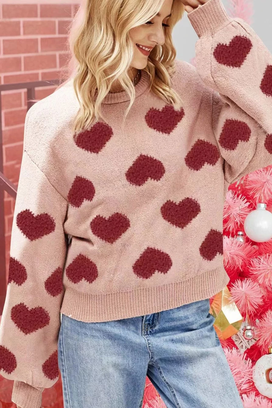 Shewin Women's Light Pink Valentine's Day Heart Lantern Sleeve Sweater