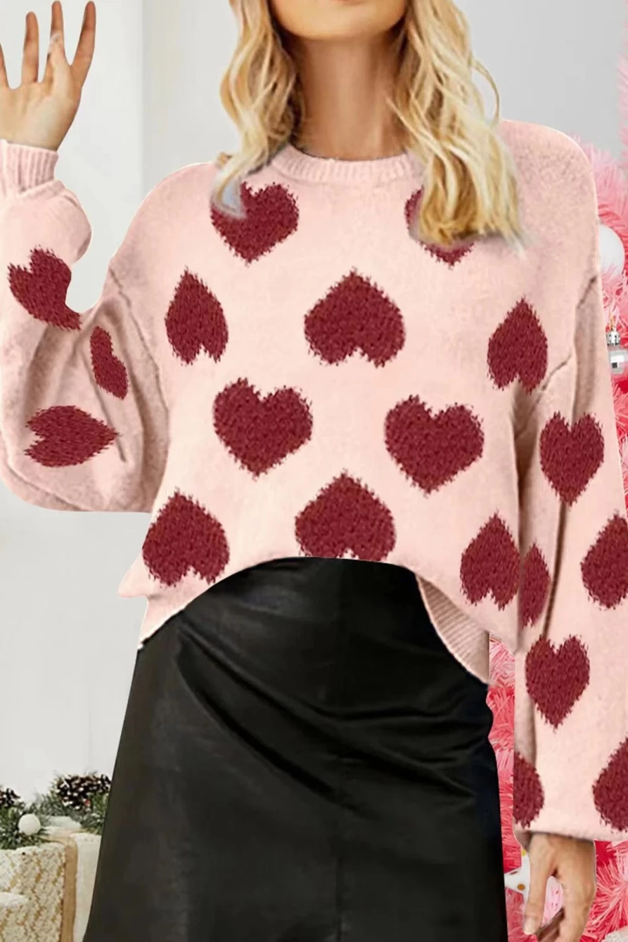 Shewin Women's Light Pink Valentine's Day Heart Lantern Sleeve Sweater