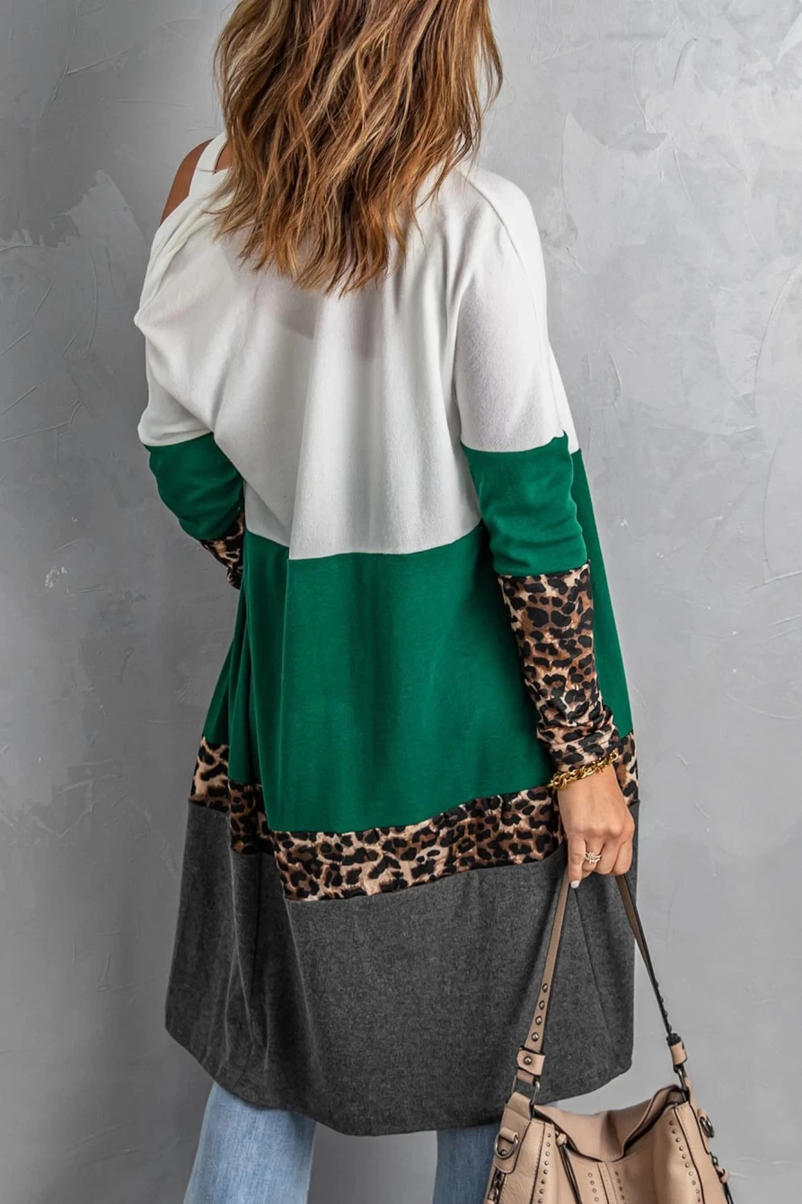 Shewin Women's Green Colorblock Leopard Print Patchwork Knit Cardigan Sweater