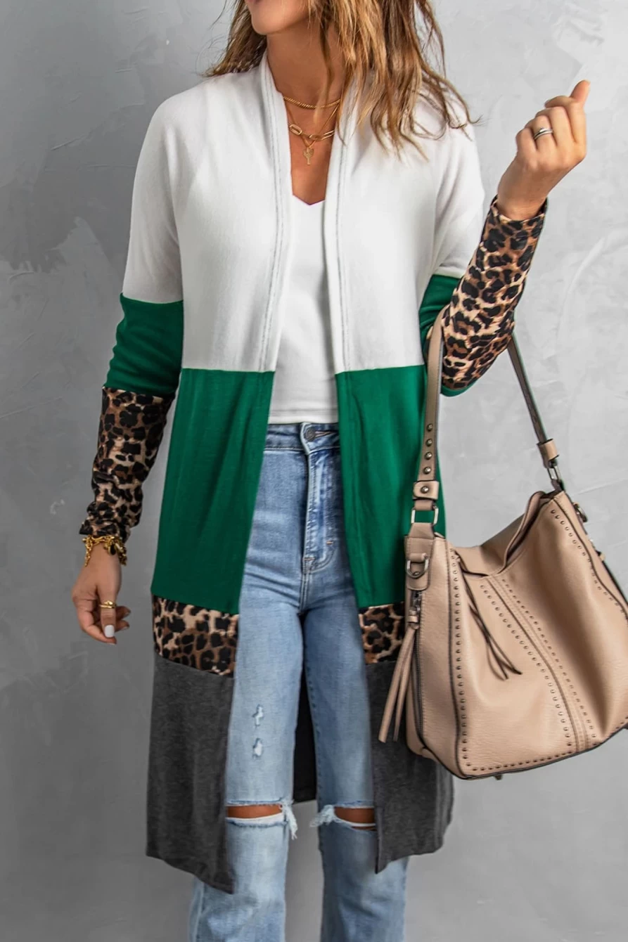 Shewin Women's Green Colorblock Leopard Print Patchwork Knit Cardigan Sweater