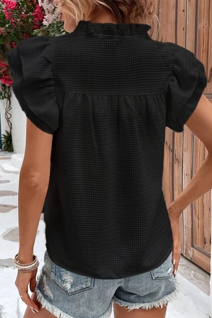 Shewin Women's Black Textured V-Neck Blouse with Tiered Ruffled Sleeves