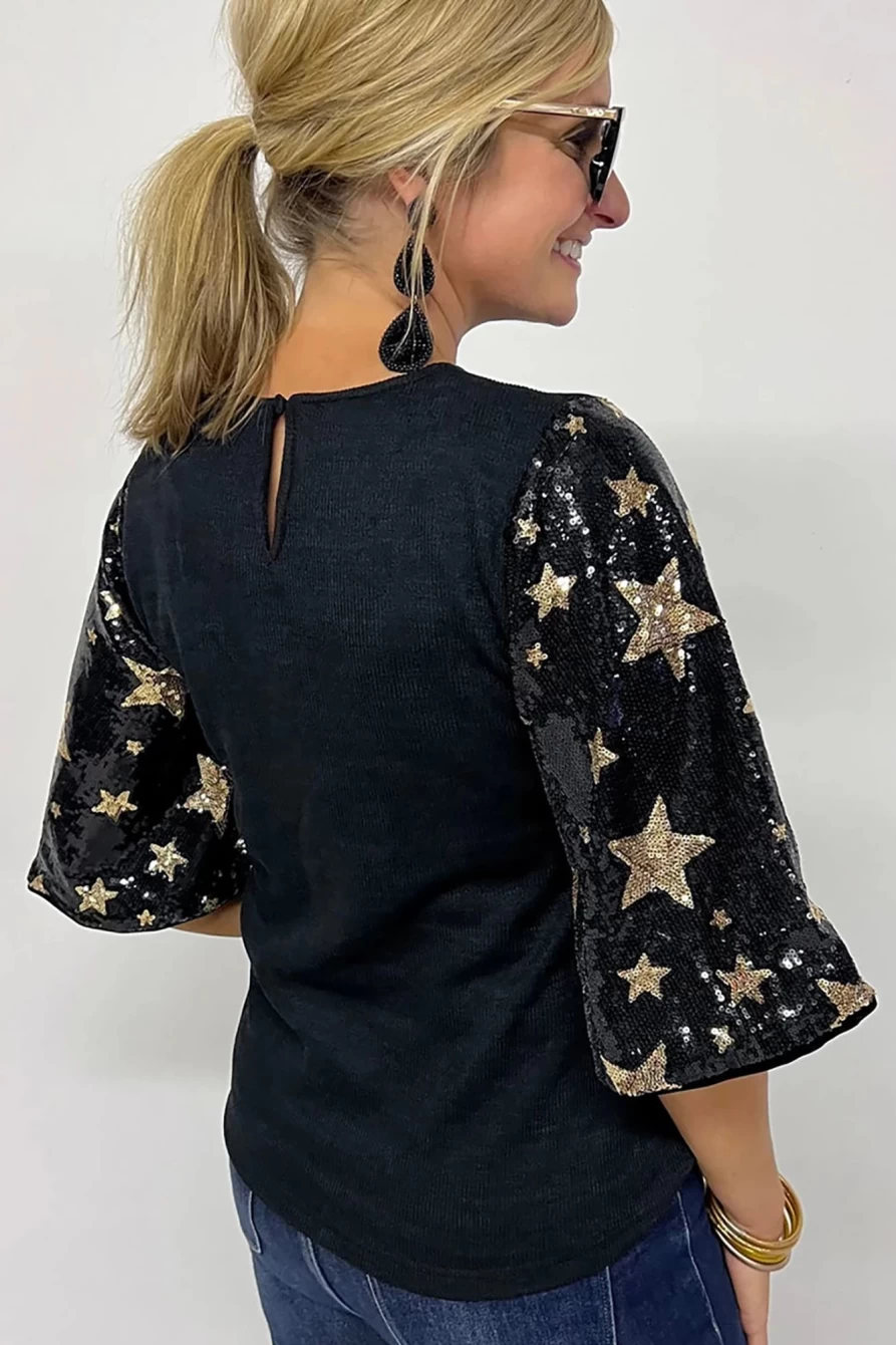 Shewin Women's Black Star Sequin Patched Half Sleeve Blouse
