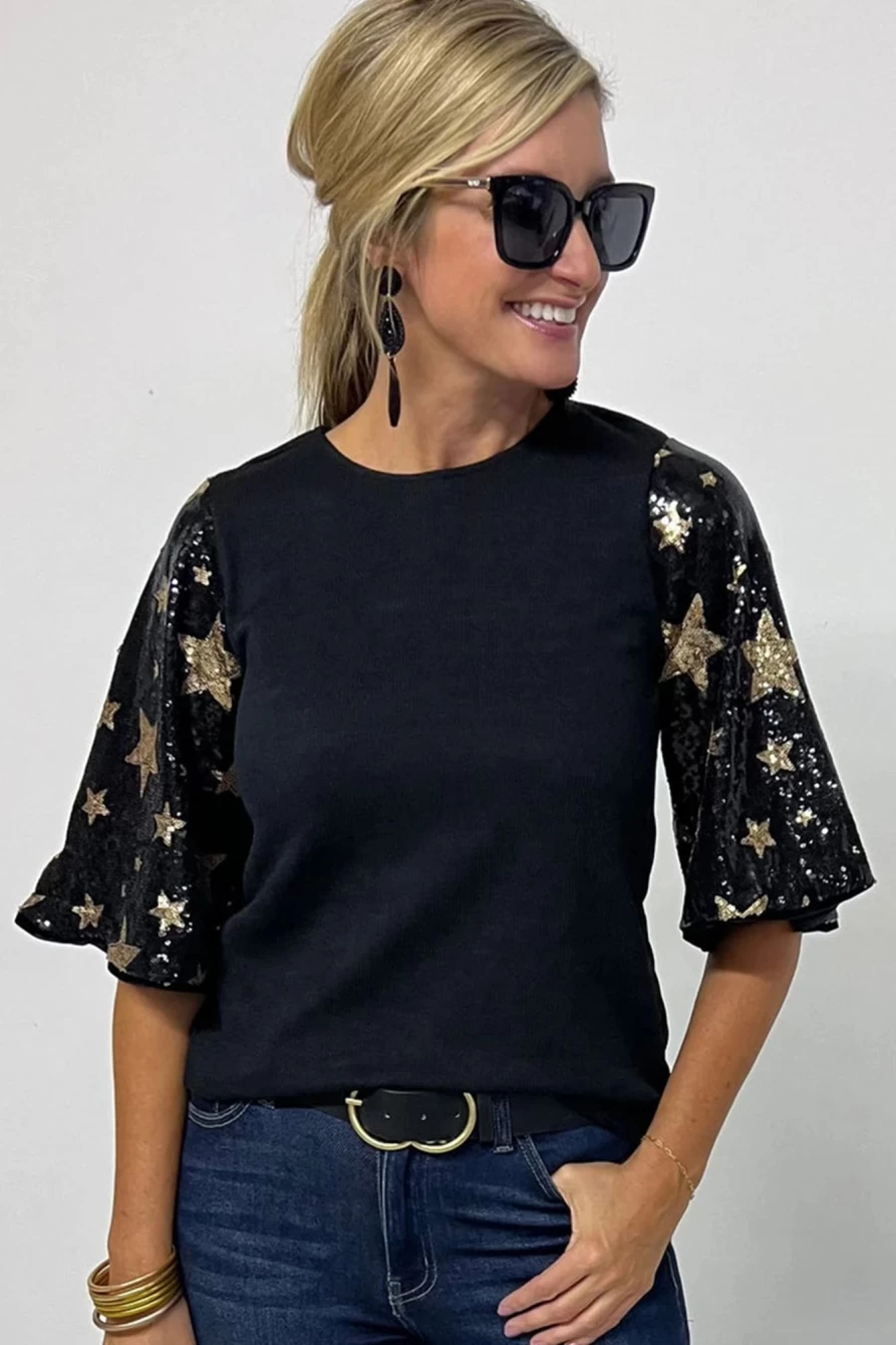 Shewin Women's Black Star Sequin Patched Half Sleeve Blouse