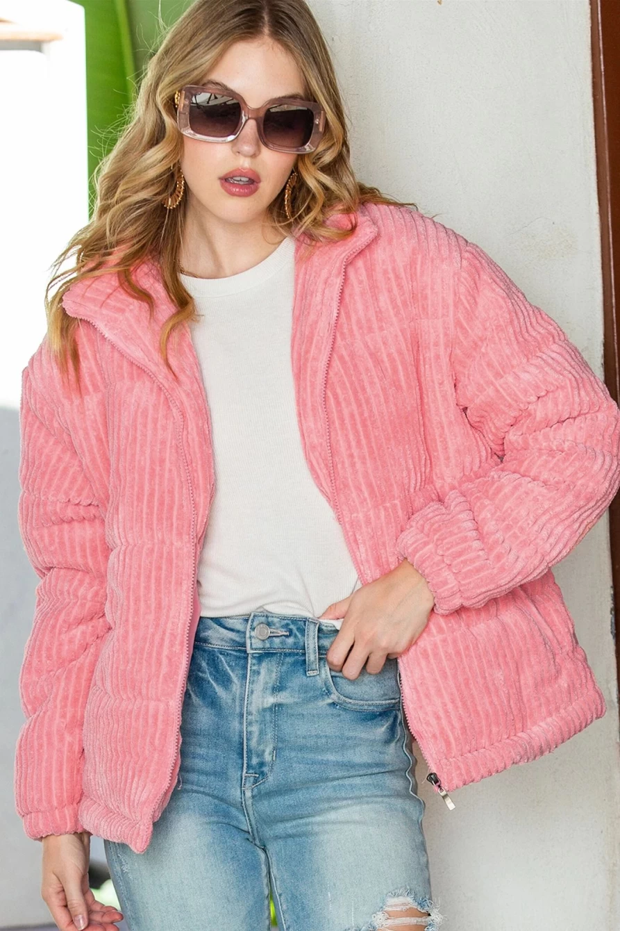 Shewin Women's Peach Blossom Corduroy Stand Collar Puffer Jacket