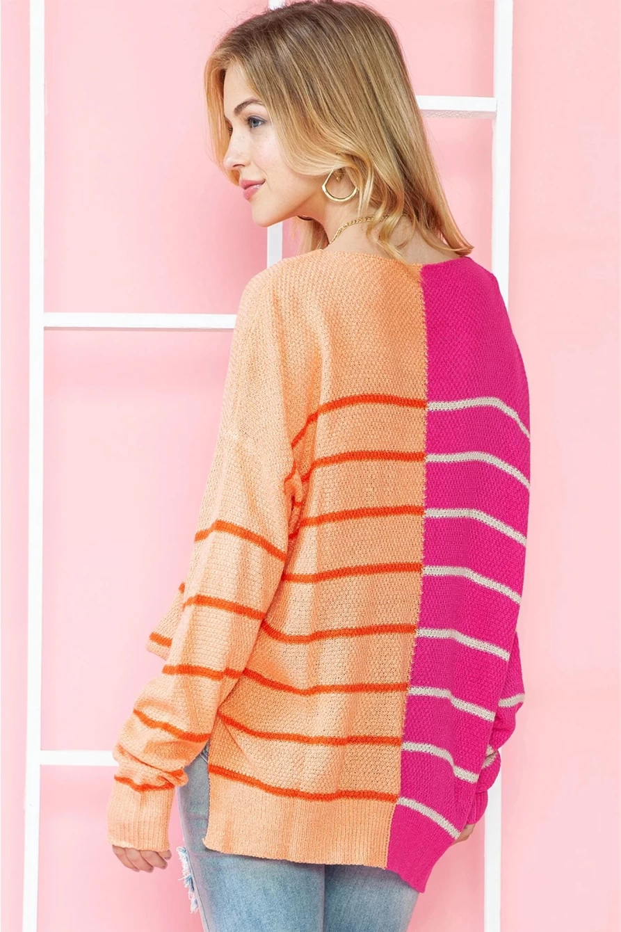Shewin Women's Multicolour Striped Color Block Loose Fit Knit Sweater