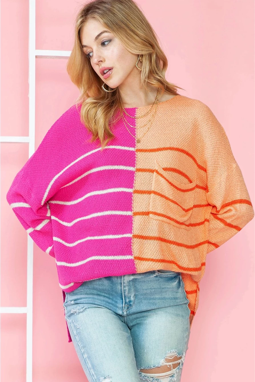 Shewin Women's Multicolour Striped Color Block Loose Fit Knit Sweater