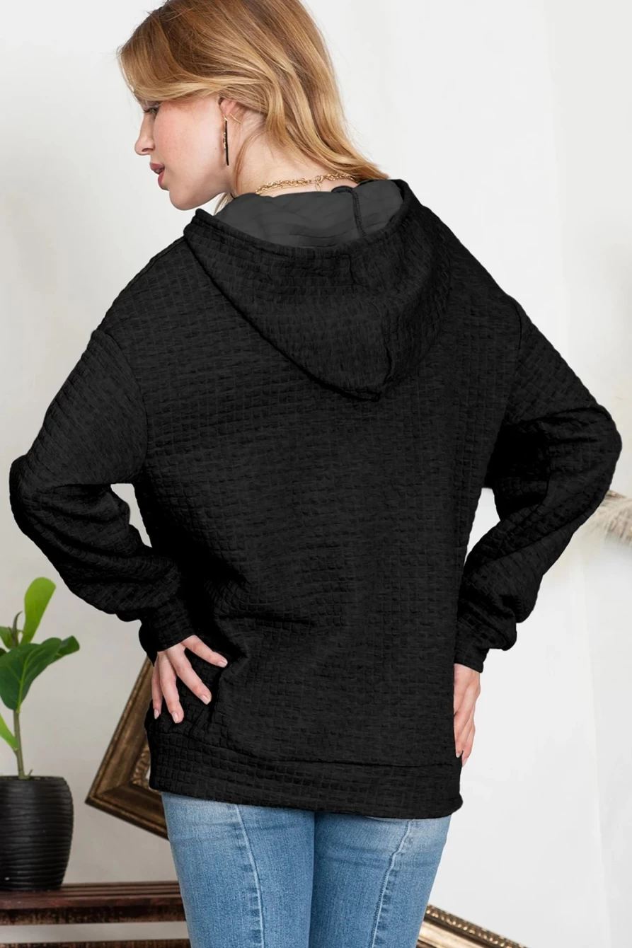 Shewin Women's Black Lattice Textured Hoodie with Kangaroo Pocket & Drawstring